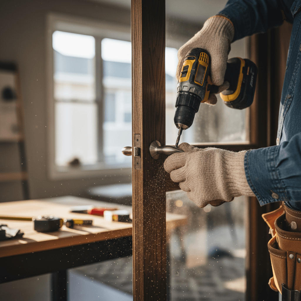 Handyman drilling into a door frame
