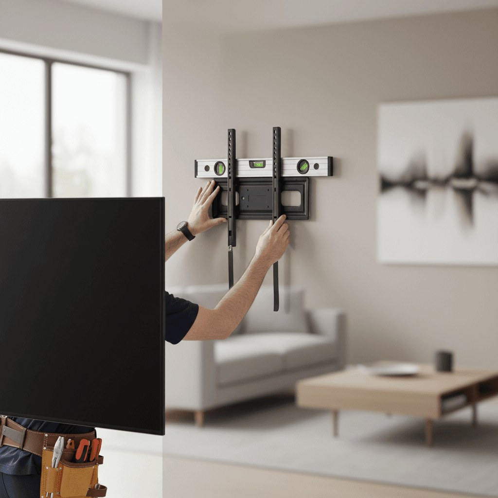 Hands installing a TV wall mount in a living room