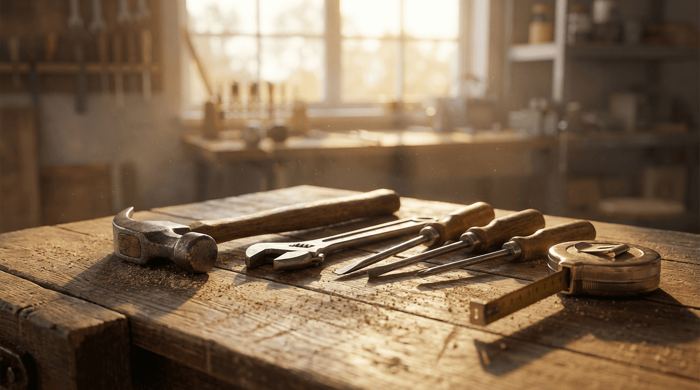 Handyman tool belt on a workbench with tools