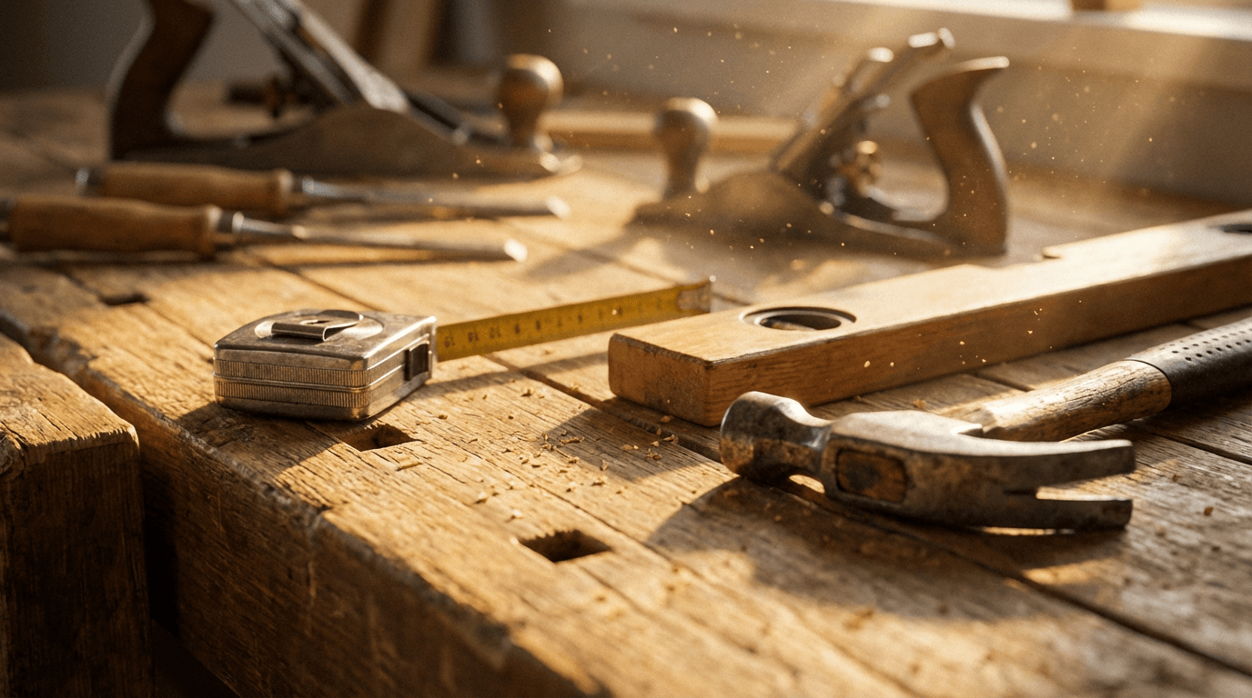 Handyman's hands with measuring tape and smartphone, toolbox nearby